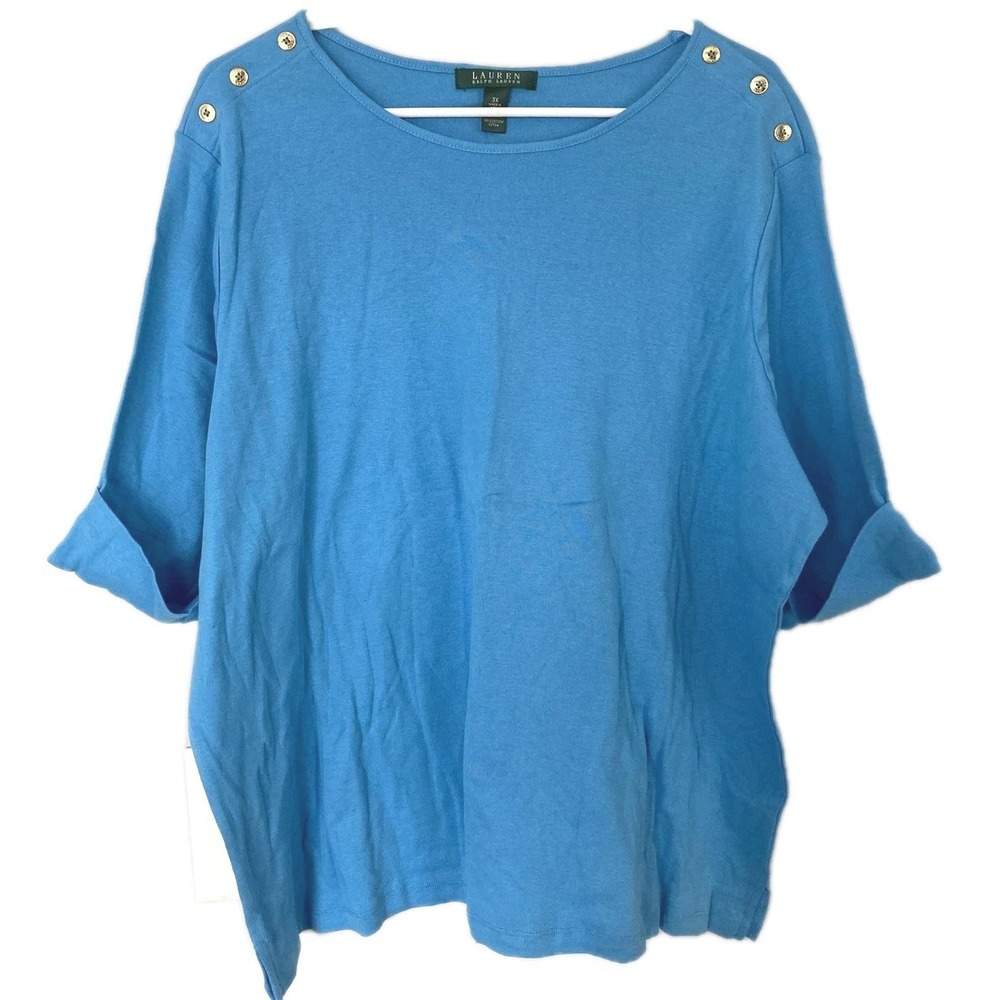 Lauren Ralph Lauren Shirt Womens 3X Aqua Boat Neck Gold Button Shoulder Cotton